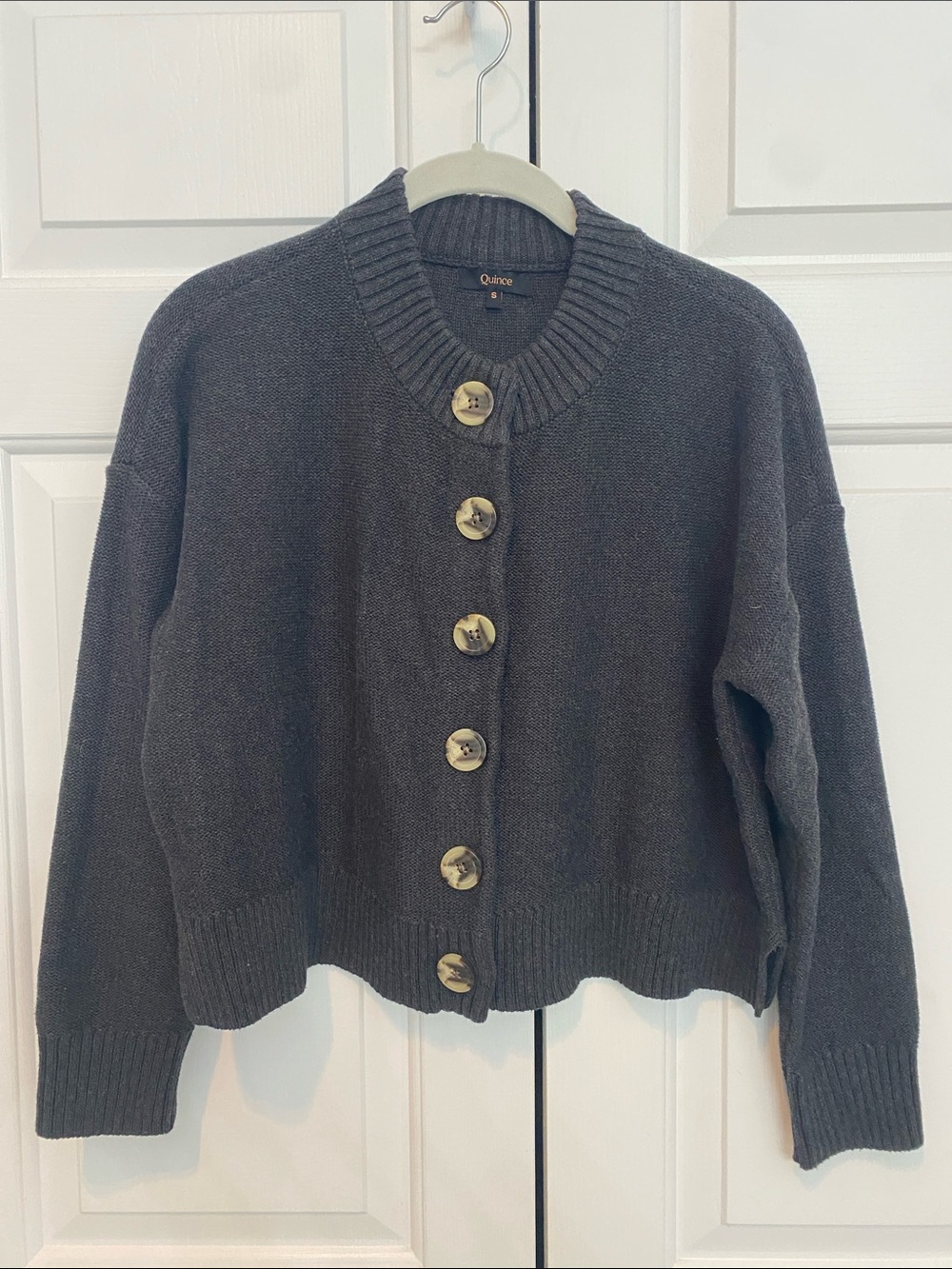 Quince Charcoal Ribbed-Collar Button Cardigan with Tortoise Buttons